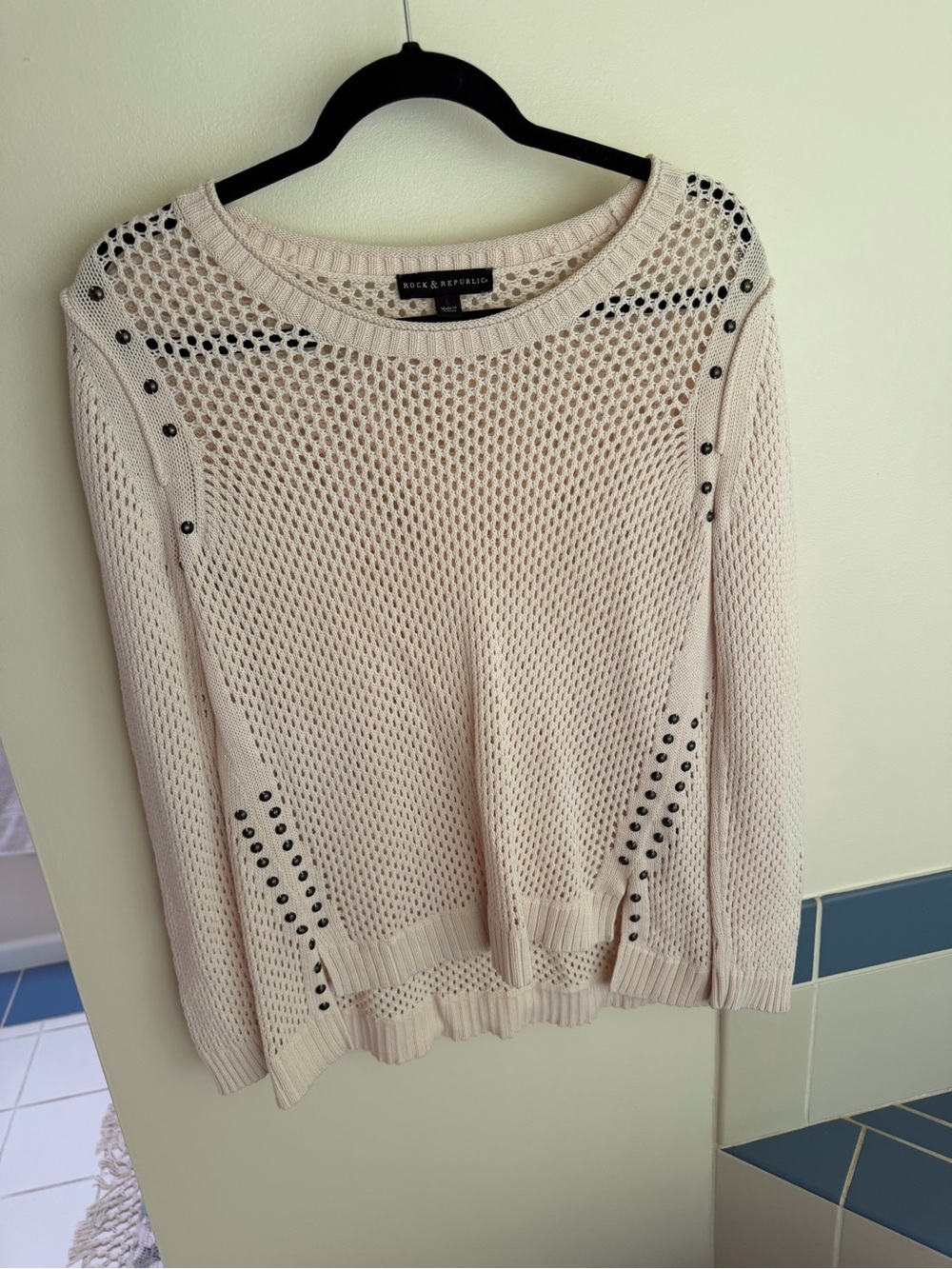 Rock & Republic Beige Open-Knit Crewneck Sweater with Stud Accents